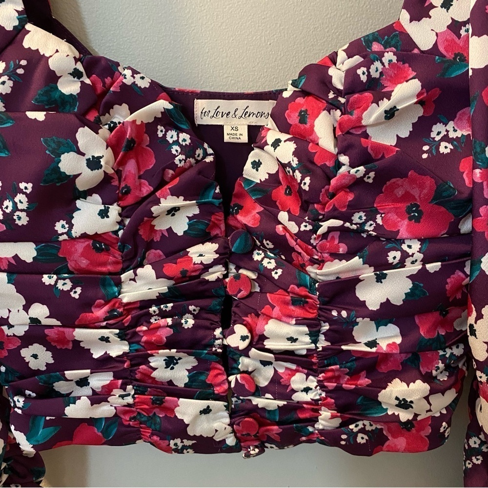 For love & lemons Penny fushia puff sleeve cropped long sleeve blouse X-small - Picture 3 of 6